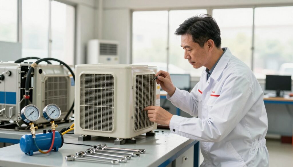 A professional technician in a crisp, branded uniform is inspecting an air conditioning unit in a well-lit automotive workshop. In the foreground, tools like a manifold gauge, wrenches, and a vacuum pump are neatly arranged on the workbench. The technician, a middle-aged male with short hair, focuses on the unit, showcasing a serious yet approachable demeanor. In the middle ground, a partially disassembled air conditioning system with visible components such as hoses and an evaporator adds technical depth to the scene. The background is filled with a clean workshop environment, featuring a large window that lets in natural light, creating a warm and inviting atmosphere. The angle is slightly tilted to emphasize the technician's attention to detail, and soft shadows add depth without distracting from the focal point. A professional technician in a crisp, branded uniform is inspecting an air conditioning unit in a well-lit automotive workshop. In the foreground, tools like a manifold gauge, wrenches, and a vacuum pump are neatly arranged on the workbench. The technician, a middle-aged male with short hair, focuses on the unit, showcasing a serious yet approachable demeanor. In the middle ground, a partially disassembled air conditioning system with visible components such as hoses and an evaporator adds technical depth to the scene. The background is filled with a clean workshop environment, featuring a large window that lets in natural light, creating a warm and inviting atmosphere. The angle is slightly tilted to emphasize the technician's attention to detail, and soft shadows add depth without distracting from the focal point.