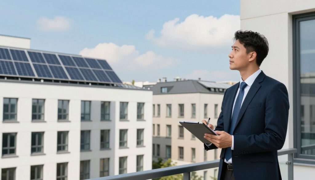 A professional urban setting showcasing a series of diverse, modern buildings with a focus on energy efficiency features. In the foreground, an energy auditor in business attire inspects a building’s exterior, holding a tablet and taking notes. The middle ground displays solar panels on rooftops and energy-efficient windows reflecting sunlight. The background features a clear blue sky with a few fluffy clouds, emphasizing a bright and optimistic atmosphere. Soft, natural lighting highlights the architectural details, creating a sense of professionalism and responsibility. The image conveys a mood of diligence and awareness about energy obligations in a contemporary Polish context, suitable for illustrating audit compliance requirements.