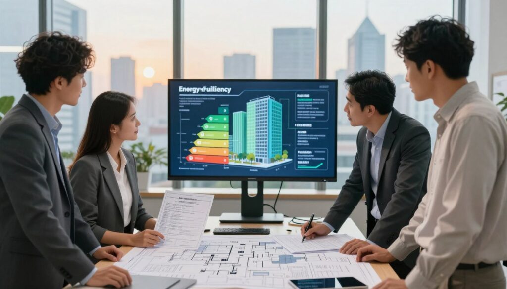 A professional workspace featuring a modern office environment focused on energy efficiency in buildings. In the foreground, a diverse group of professionals in business attire gathers around a table covered with blueprints and energy performance certificates, discussing details with enthusiasm. In the middle ground, a large digital display showcases a colorful infographic of energy characteristics of various building designs, with green and blue hues symbolizing sustainability. The background illustrates a large window revealing a city skyline, bathed in warm, natural light, reflecting a positive, forward-thinking atmosphere. The scene conveys collaboration and innovation, emphasizing the importance of education and qualifications in the field of energy performance in architecture.