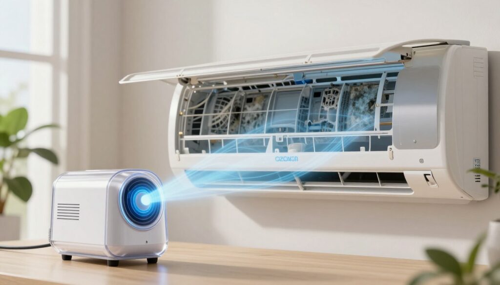 A serene and clean indoor environment featuring a modern air conditioning unit, illustrating the process of ozone treatment. In the foreground, a transparent ozonator device emits gentle, visible ozone waves, creating a soft blue glow that symbolizes purification. The middle ground showcases the air conditioning unit with an open panel, revealing clean, mold-free interior components, bathed in bright, natural light that emphasizes cleanliness. The background includes a well-lit room with neutral colors, plants enhancing the fresh atmosphere. The composition captures a sense of safety and effectiveness, embodying the idea of cutting-edge home maintenance. The overall mood is calm and reassuring, promoting the concept of ozone treatment as a practical solution. A serene and clean indoor environment featuring a modern air conditioning unit, illustrating the process of ozone treatment. In the foreground, a transparent ozonator device emits gentle, visible ozone waves, creating a soft blue glow that symbolizes purification. The middle ground showcases the air conditioning unit with an open panel, revealing clean, mold-free interior components, bathed in bright, natural light that emphasizes cleanliness. The background includes a well-lit room with neutral colors, plants enhancing the fresh atmosphere. The composition captures a sense of safety and effectiveness, embodying the idea of cutting-edge home maintenance. The overall mood is calm and reassuring, promoting the concept of ozone treatment as a practical solution.