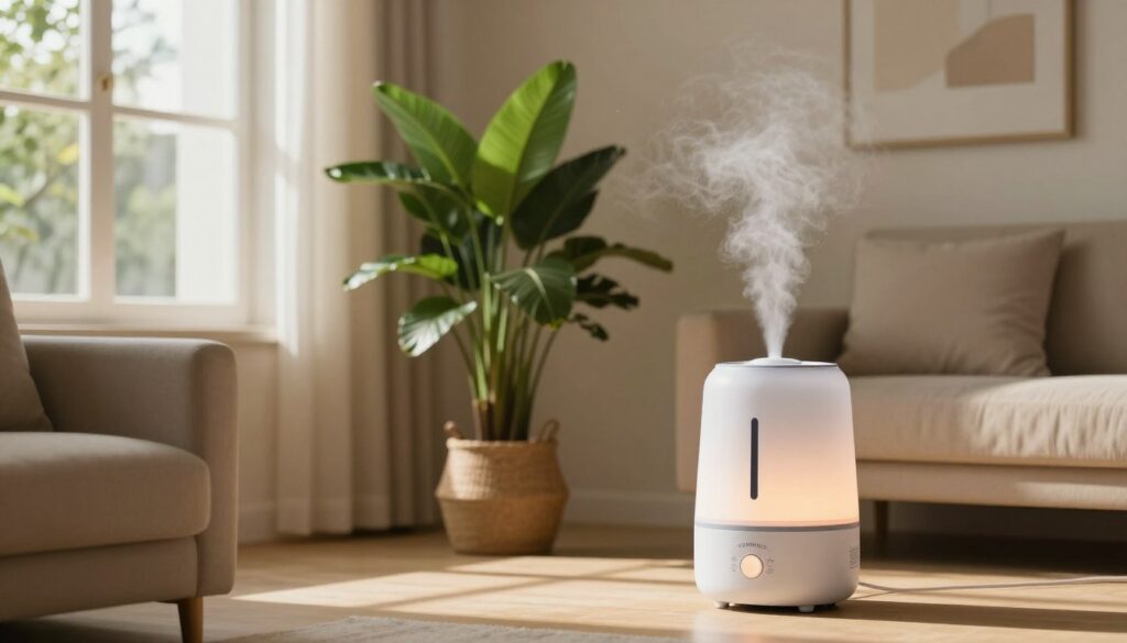 A serene indoor environment showcasing a stylish, modern living room with a focus on air humidity management. In the foreground, an elegant humidifier gently emits a fine mist, creating a soft glow in the warm light. The middle features a lush green potted plant, thriving under natural light streaming through a large window, symbolizing the importance of humidity for indoor plants. In the background, soft beige walls adorned with art convey comfort and tranquility. The overall atmosphere is calming, emphasizing a balance between comfort and indoor air quality. Soft shadows play across the room, enhancing the feeling of a peaceful home setting. Aim for a cozy, inviting mood that illustrates the essence of maintaining humidity levels for a healthier home.