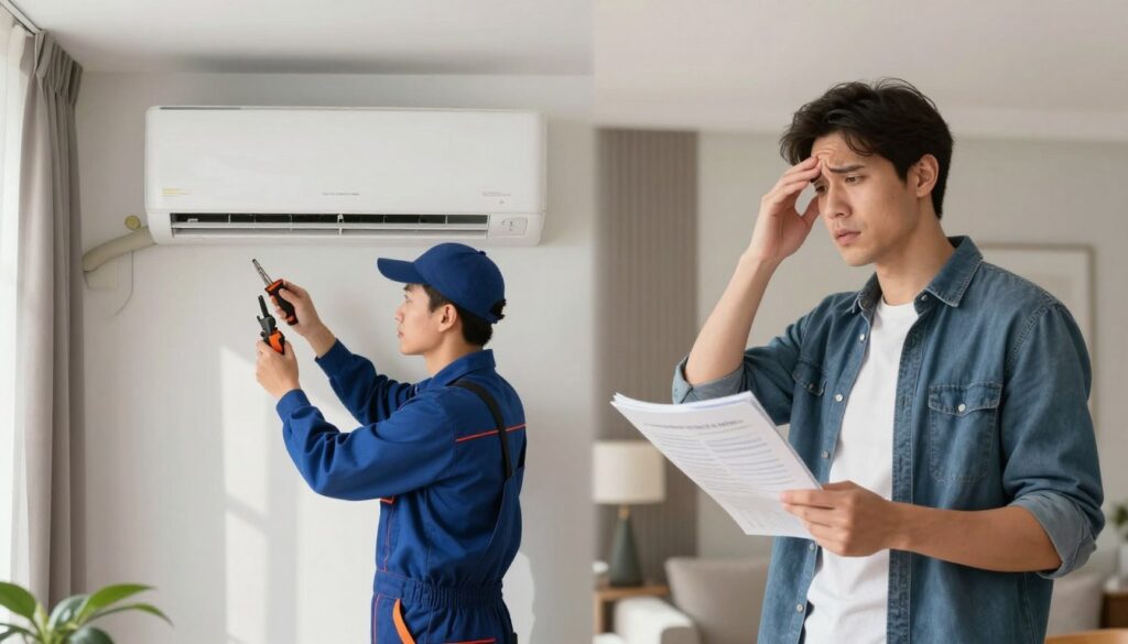 A split air conditioning unit being installed in a modern living room, showcasing two contrasting scenes: on the left, a skilled technician in professional attire efficiently installing the unit with precision tools, and on the right, a DIY enthusiast in casual clothing trying to follow instructions, looking confused and holding a manual. The room has a bright ambiance with natural light streaming in, highlighting the differences in approach. The background features stylish décor, emphasizing the importance of a professional installation versus a self-install. Use a shallow depth of field to focus on the technicians, with soft shadows to create a welcoming atmosphere, conveying the mood of professionalism versus DIY challenges.