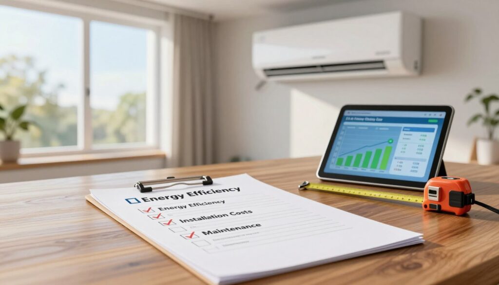 A strategically arranged indoor scene showcasing a checklist for purchasing an air conditioning unit. In the foreground, a well-organized checklist is lying on a polished wooden desk, with checkmarks next to key items like "Energy Efficiency," "Installation Costs," and "Maintenance." Next to the checklist, there's a digital tablet displaying energy-saving statistics and a measuring tape. In the middle ground, a window reveals a bright, sunny day outside, casting soft natural light into the room, enhancing the uplifting mood. The background features a stylish air conditioning unit mounted on the wall. The overall atmosphere is professional and informative, suitable for a guide on making smart purchases. The composition is balanced and visually engaging, without any text or graphic distractions.