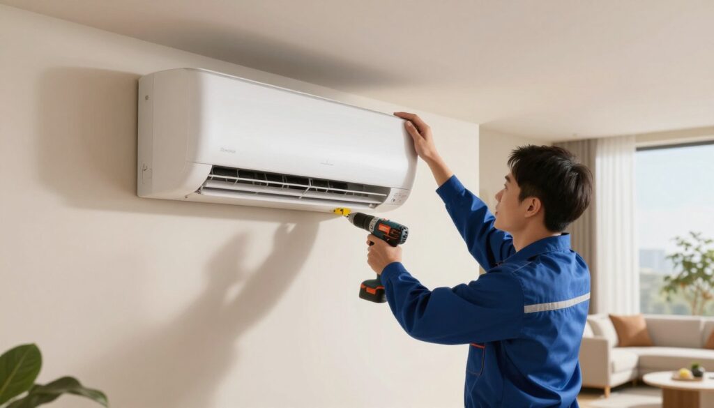 A technician installing a modern air conditioning unit in a contemporary home setting. In the foreground, the technician, dressed in a professional uniform, carefully mounts the indoor unit on a wall, using tools like a drill and level. In the middle ground, a sleek air conditioning system is partially visible, showcasing its modern design. The background features a well-furnished living room with light streaming in from large windows, creating a warm and inviting atmosphere. Soft shadows play across the walls, highlighting the textures of the room. The scene conveys a sense of professionalism and efficiency, emphasizing the importance of proper installation and maintenance in air conditioning systems.