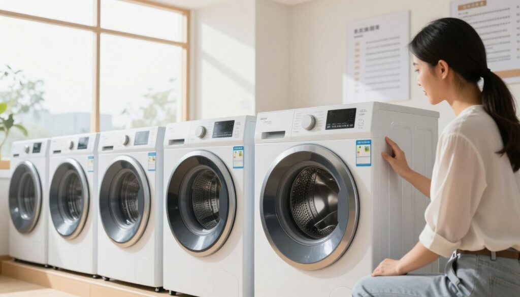 A well-organized home appliance showroom showcasing various washing machines, lined up neatly against a bright and inviting backdrop. In the foreground, a professional individual in smart casual attire is attentively examining a high-efficiency washing machine, looking at its energy label and features. In the middle ground, several other washing machines with clear energy ratings are displayed, emphasizing their different sizes and designs. Soft, natural lighting floods the space through large windows, creating a warm and welcoming atmosphere. In the background, subtle hints of informative labels and comparison charts can be seen, illustrating the checklist aspect of choosing the right washing machine. The scene should evoke a sense of practicality and informed decision-making.