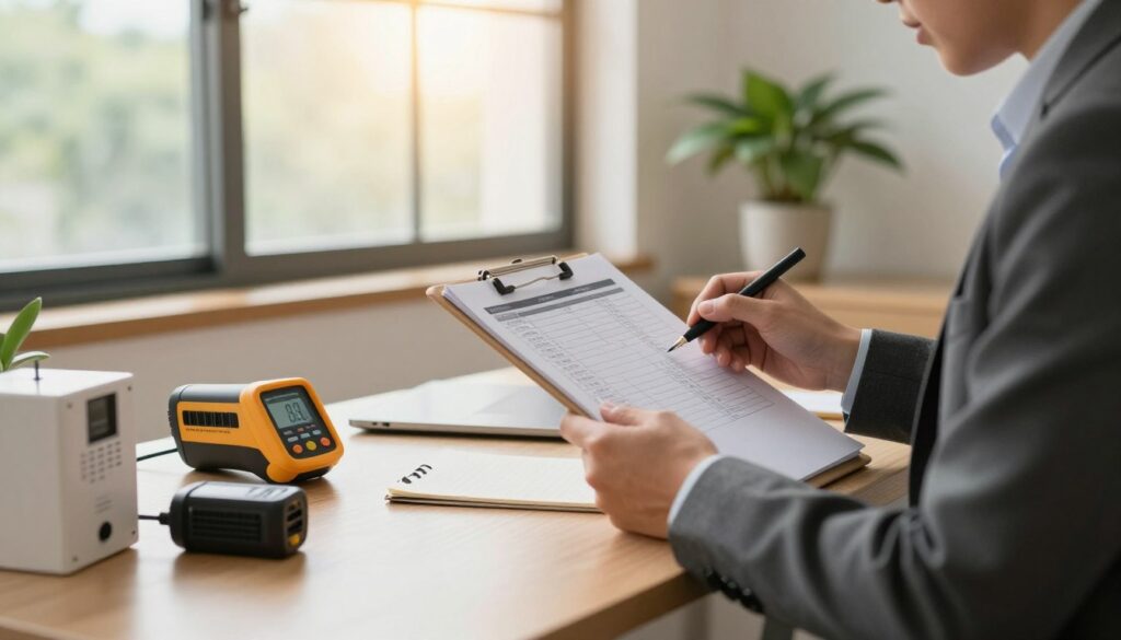 An analytical scene depicting a home energy audit in a cozy office environment. In the foreground, a professional individual in business attire examines a clipboard filled with data while sitting at a desk cluttered with energy auditing tools like a thermal camera, energy meter, and notepad. The middle space features a large window letting in warm, natural light that casts soft shadows on the walls, creating a welcoming atmosphere. In the background, a potted plant adds a touch of greenery, symbolizing sustainability. The mood conveys diligence and professionalism, inviting viewers to consider the importance of DIY energy audits while hinting at the complexity that may necessitate expert assistance. The image should be captured with a slight depth of field to focus on the individual and tools, emphasizing the theme.