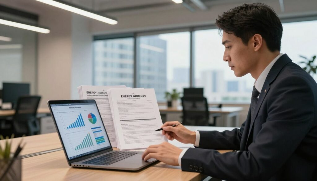 An energetic auditor conducting a thorough energy audit in a modern office setting. In the foreground, a focused professional, dressed in smart business attire, is analyzing energy consumption data on a laptop with graphs and charts displayed. In the middle ground, a stack of energy certificates and audit reports is neatly arranged on the desk, symbolizing the financial benefits of the job. The background features a well-lit office with energy-efficient lighting and a large window showcasing a cityscape, suggesting the impact of energy auditing on sustainability. The atmosphere is one of professionalism and diligence, with warm, inviting lighting highlighting the auditor's concentration and dedication to the task at hand.
