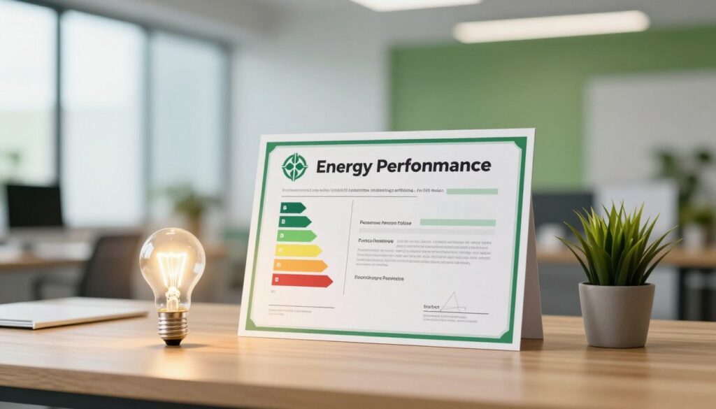 An image of an energy performance certificate prominently displayed on a wooden desk, with a glowing lightbulb and a small potted plant nearby, symbolizing sustainability. In the background, a blurred view of a modern office space, with green accents and large windows letting in natural light, creating a bright and uplifting atmosphere. The certificate features detailed graphs and energy ratings, clearly illustrated, but without any visible text. The composition should focus on creating a sense of clarity and professionalism, inviting the viewer to understand its significance. Use a soft focus lens effect to enhance the serene environment, and ensure the lighting is warm and inviting, reflecting a sustainable future.